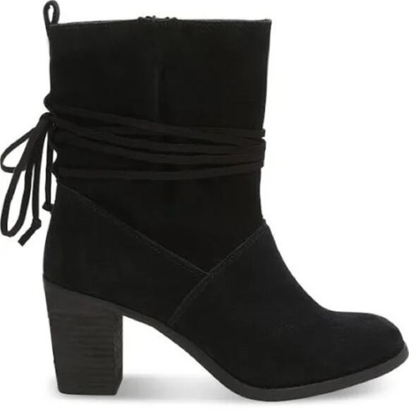 Toms Mila Black Suede Block Heel Lace Up Slouchy Boho Boots Size 8 Womens - Picture 1 of 16
